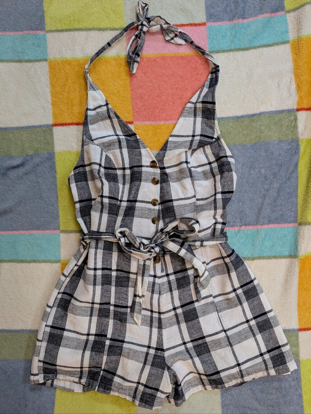 American Eagle Outfitters Navy and White Plaid Halter Romper